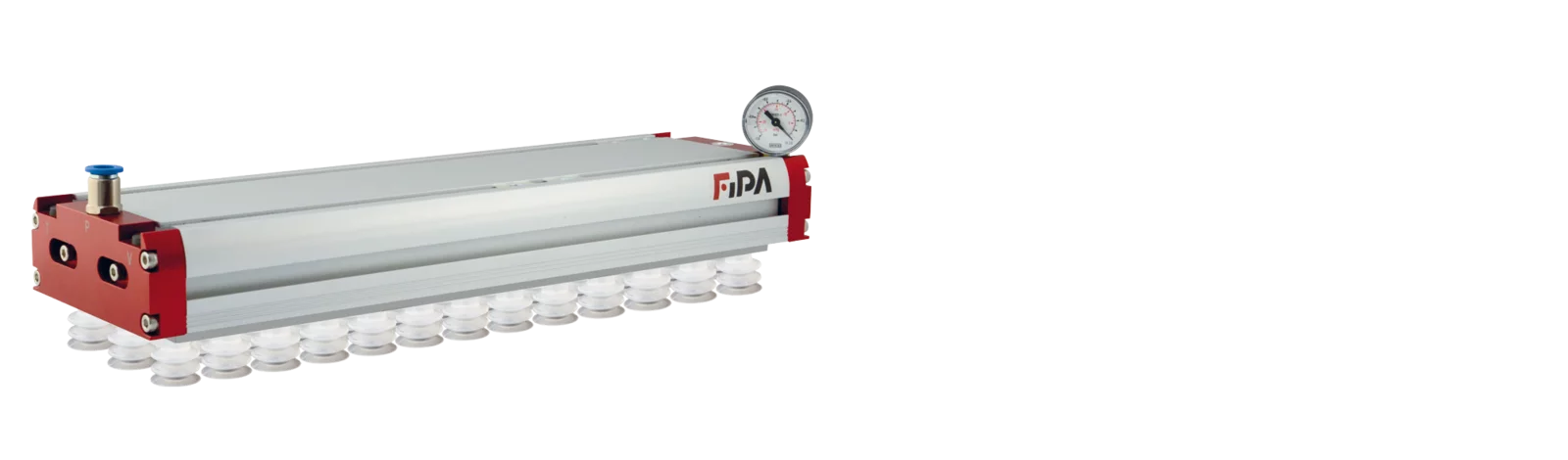 Area gripster FSG 434 mm, with internal ejectors, flow reduction 1,0 mm, cups Ø20 mm SI – Fläche Gripster fsg 130 mit eingesteckten Vakuumbechern Durchmesser 20mm von FIPA